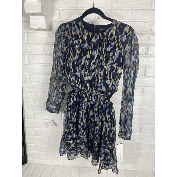 French Connection Dresses & Skirts - New French Connection metallic print mini dress Size 2 blue gold party holiday